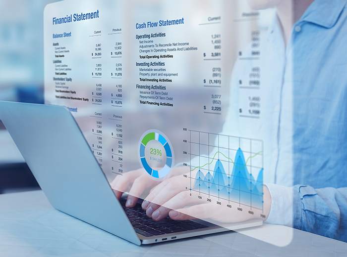 Accountant analysing financial statement with graph on computer. Auditing balance sheet, sales and income report, business operations data, corporate accounts. Finance and consulting.